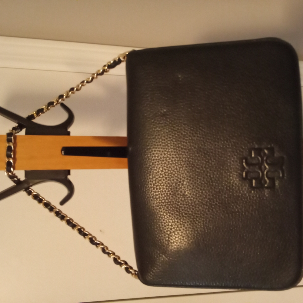 Tory Burch Black Pebbled Leather Bag with Gold Chain